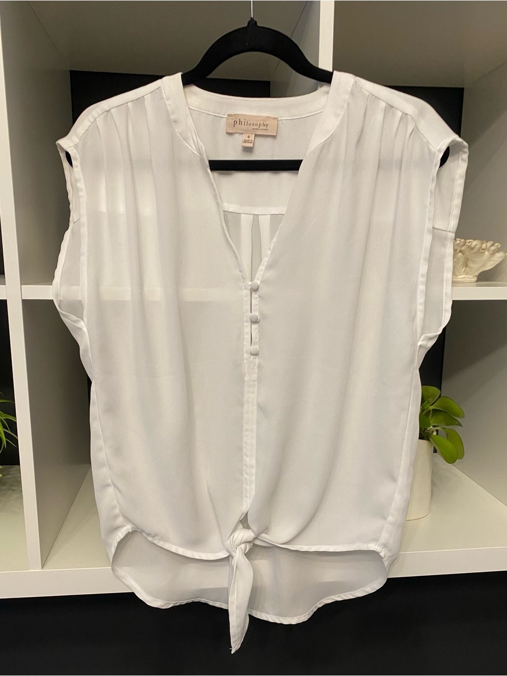 NWOT Philosophy Sheer White Tie-Hem V-Neck Cap Sleeve Blouse Size Small